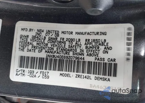 2009 Toyota Corolla S z USA, uszkodzony, nr VIN 1NXBU40E69Z079644